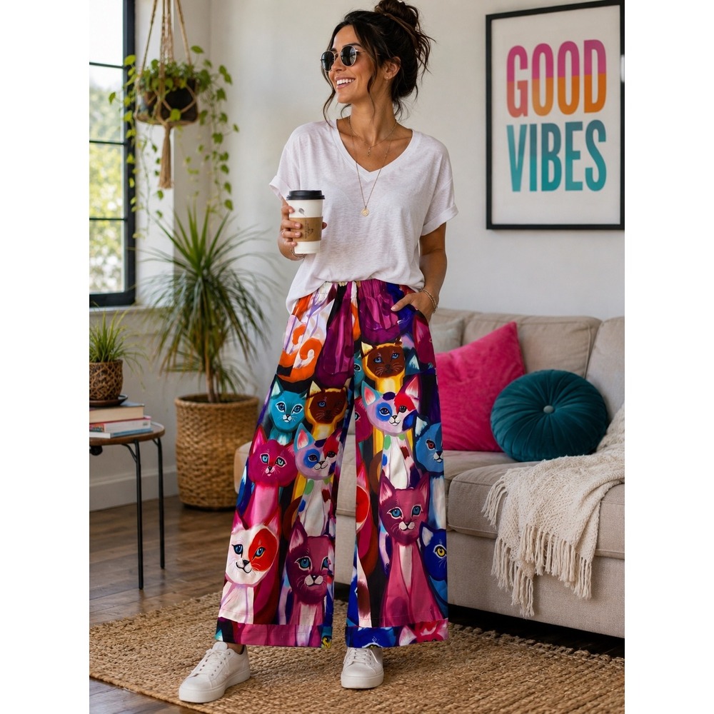 Rainbow Cat‎ Print Wide Leg Pants Womens Large Elastic Waist Whimsical Novelty
